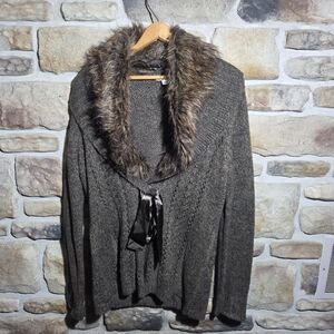 Carolyn Taylor Cardigan Lg. Brown Marl Knit Faux Fur Collar Satin Bow Tie Y2K